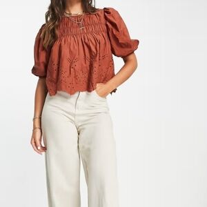 MNG Shirred Eyelet Crop Puff Sleeve Ruffle Top Terracotta Boho Prairie Peplum 2